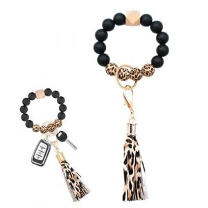 Porte Clef Femme, Bracelet Porte Clés En Silicone Porte Cle Voiture Avec Pampilles Et Perles Rondes Motif Léopard Porte Clés De Voiture Élastique En Silicone Perlé Pour Femmes Et Filles (Erfushangmao, neuf)