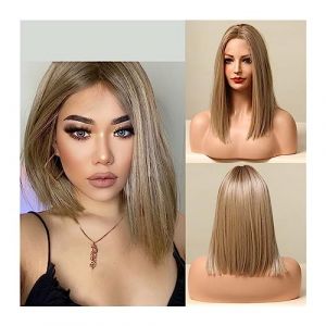 Perruque Naturel Brun Blonde Lace Front Perruques Courte Droite Bob Synth&eacute;tique Dentelle Frontale Perruque avec des Cheveux de B&eacute;b&eacute; for les Femmes Blunt Cut Naturel Quotidien Cheveux Perruque Coupe (zengfanjunuk, neuf)