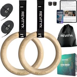REVITY Anneaux Gymnastique en Bois - Anneaux Olympiques 32 mm pour Musculation, Crossfit et Calisthenics, 450 cm Facilement R&eacute;glables Sangles de Suspension avec Marquages, Bandes de Grip, Guide PDF (SF Solutions International, neuf)