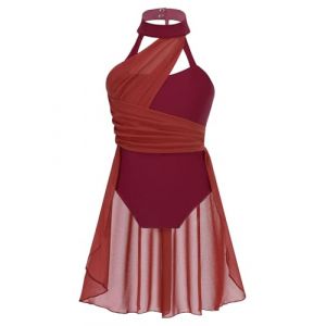 TTAO Enfant Fille Justaucorps Gymnastique Classique Tutu Tulle Robe Ballet Danse Asymétrique Robe de Patinage Artistique Léotard Ballet Latine Jazz Tango Dancewear Bourgogne 9-10 Ans (TTAOSHOP EU, neuf)