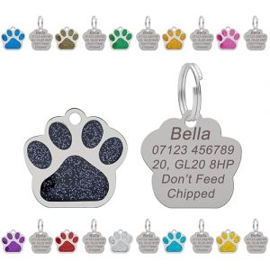 M&eacute;daille personnalis&eacute;e grav&eacute;e pour chien | M&eacute;daille pour chat | &Eacute;tiquette d'identit&eacute; pour animaux de compagnie | &Eacute;tiquettes de nom en acier inoxydable avec motif de patte scintillante 27 mm (Noir) (JK Commerce Ltd, neuf)