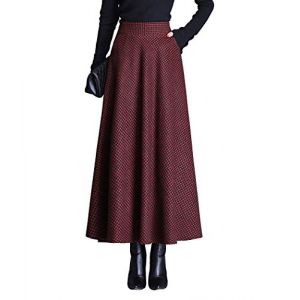 BiilyLi Jupe Longue Femme Hiver &Eacute;l&eacute;gant Carreaux Haute Taille Maxi Jupe en Laine A-Line Taille &eacute;lastique Skirt 1951 Rouge vin -XL (Five Magnolia Flowers, neuf)