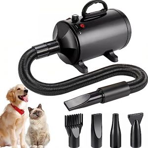 AHWOiHS Pulseur Chien Sèche-Cheveux pour Chien Blower Professionnel Souffleur Silencieux 2800W Sèche-Cheveux pour Animaux avec 4 Buses Différentes, Vitesse et Température Réglable (AHWOiHS-EU, neuf)