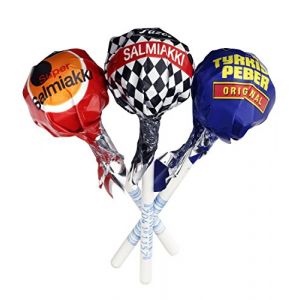 Lot de 15 sucettes salmiakki de 9 g de Fazer - Super Salmiakki - Salmiakki - Tyrkisk Peber Original - Salmiak finlandais - Salty r&eacute;glisse - Bonbons bouill&eacute;s - Bonbons durs - Bonbons (Soposopo North European Shop, neuf)