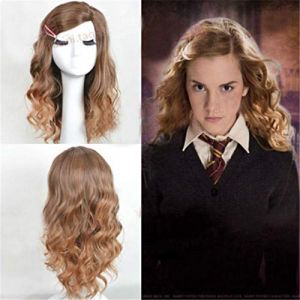 Perruque de style cosplay marron bouclé avec partie latérale bouclée résistante à la chaleur Hermione Jean Granger Cosplay + bonnet de perruque (GUANBAIJI1982, neuf)