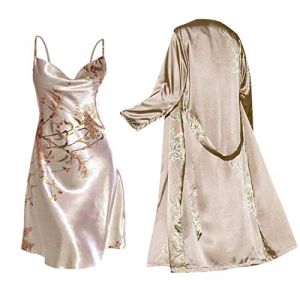 Chanpning Nuisette Femme,2 Pcs Robe De Chambre Cerisier Vert Satin Peignoir Long Kimono Sexy avec Ceinture Col V Babydoll Chemise De Nuit Déshabillé Luxueux Pyjama Lingerie Mariée Vêtements De Nuit (Blingko, neuf)