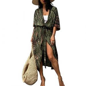 Femmes Robe Bikini de Plage Longue Boheme Maxi, Front Ouvert Floraux Chemisier Kimono Bikini Cover-Up Vill&eacute;giature (Vert Militaire,Taille Unique) (Wonderful EU, neuf)