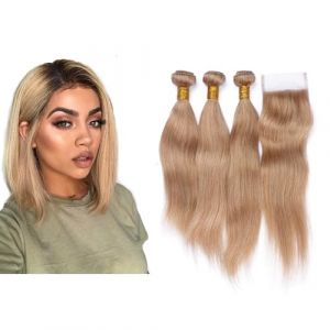 Larafona Hair Tissage Lisse et Lace Closure Blond 27# Naturel Tissage Humain Cheveux 100% Remy Brésilien Meches Extensions (10"10"10"+10"closure) (Larafona Hair Extensions and Wigs, neuf)