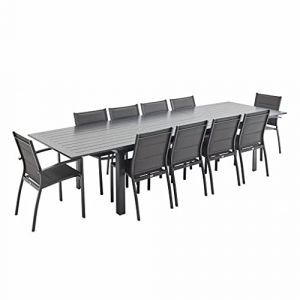 sweeek Alice's Garden - Table de Jardin Extensible Aluminium + 10 assises - Odenton Anthracite - Grande Table en Aluminium 235/335cm avec rallonge et 10 assises en textil&egrave;ne (sweeek France, neuf)
