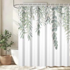 Uiiooazy Rideau Douche Vert, Rideau de Douche Anti Moisissure 180x220cm Feuilles d'eucalyptus Botanique Rideaux de Baignoire Tissu Lavable Imperm&eacute;able Polyester Rideaux Salle de Bain avec 12 Crochets (dongguibinjingpinxiaodianpu, neuf)