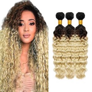 Hxxcoup 3 Bundles Tissage bresilien en lot Tissage Cheveux Humain Hair Extensions Blonde Hair Bundles Deep Wave Bundles Brazilian Remy Hair No Tangle Hair Real Hair Bundles for Woman 22 24 26 Pouce (KST HAIR, neuf)