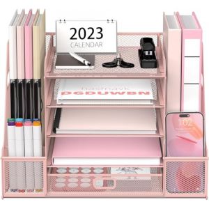 SUPTIDY Organiseur de bureau en maille avec porte-documents, porte-lettres en papier à 5 niveaux, organiseur de bureau avec tiroir, rose (SUPTIDY FR, neuf)