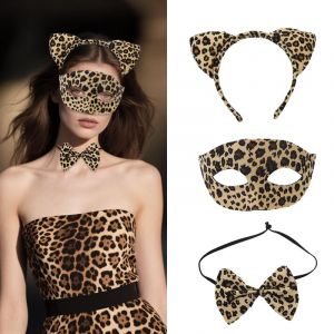 Zidoley Accessoires Deguisement L&eacute;opard Femme - Serre Tete Leopard Oreille, Mignon Cravates, Masque Animaux - Jungle Costume Carnaval Halloween No&euml;l Deguisement Adulte pour Cosplay (EMIKEJI, neuf)