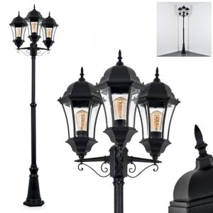 Luminaire d'ext&eacute;rieur Etoe, lampadaire en m&eacute;tal/verre noir/transparent, cand&eacute;labre au look antique, hauteur max. 250 cm, &eacute;clairage de jardin maison de campagne, IP44, 3 ampoules E27, sans ampoule (hofstein, neuf)