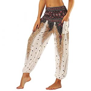 Nuofengkudu Femme Harem Pantalon Sarouel Thaïlandais Hippie Baggy Léger Boho Ethnique Smockée Taille Haute avec Poches Yoga Pants Été Plage ,Marron Paon,Taille unique (better Life, neuf)