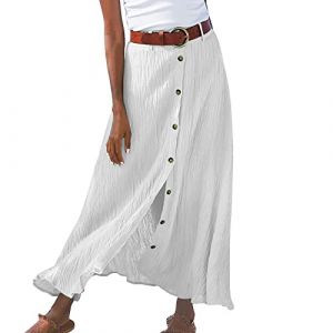 Jupe Mi-Longue Trapèze Femme Coton à Taille Élastique Décontractée Jupe Plissée Boutonnée sur Devant Jupes pour Printemps et été décontractée Ample Couleur Unie Jupes trapèze avec Poches Taille (Kincool, neuf)