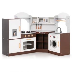 COSTWAY Cuisine Enfants en Bois avec Lumière & Effet Sonore, Jeu de Cuisine d'angle avec 14 Accessoires & Machine à Glaçons, Espace de Stockage, Jouet d’Imitation pour 4 Enfants de 3-10 Ans(Marron) (FDS GmbH, neuf)