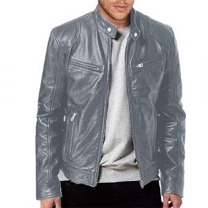 Veste en cuir PU pour homme, noir, couleur unie, blouson de motard, chaud, coupe-vent, avec poches, pour les sports de plein air, style vintage, gris, XXXL (發財rich EU, neuf)