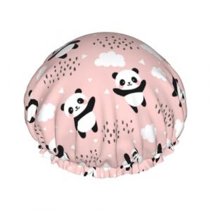 Bonnet de douche pour douche &ndash; Panda volant dans le ciel (2) Bonnet de douche double couche r&eacute;utilisable et imperm&eacute;able pour femme, bonnet de douche pour femme avec doublure en PEVA et corde &eacute;lastique (Vosery, neuf)