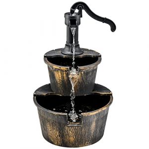 GOPLUS Fontaine de Jardin à 2 Niveaux, Fontaine Extérieure Cascade, Fontaine Décorative en Baril, avec Pompe de Circulation, Robinet Décoratif, Débit d'eau Réglable, Style Rustique, pour Jardin, Cour (Augenstern24, neuf)