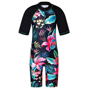 HUAANIUE Filles Maillot de Bain 1 Pièce 2-12 Ans, Anti-UV UPF 50+ Manches Courtes, Fermeture Éclair Frontale, Imprimés Colorés, Idéal pour Plage et Piscine (S234-Fleur Noir, 4-5 Ans) (HUANQIU EUR STORE, neuf)