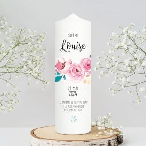Cierge de bapt&ecirc;me pour gar&ccedil;on ou fille - Fleurs roses - Arbre rose - Bougie blanche pour bapt&ecirc;me, naissance et communion - Blanc - 25 x 7 cm - Avec nom, date - 25 x 7 cm (Wandtattoo Loft, neuf)