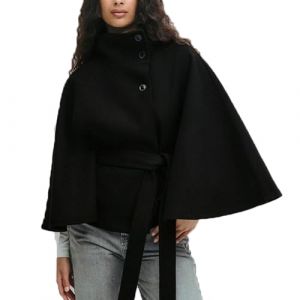 Manteaux Poncho &agrave; Manches Chauve-souris pour Femmes - Caban en Laine - Col Montant - Ceinture - Vestes Cape - Manteau cape &eacute;l&eacute;gant &agrave; simple boutonnage, Noir , S (PoshEmporium1-FR, neuf)