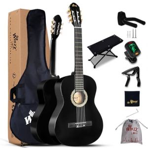 Winzz Guitare Classique Adulte Débutant avec 7 Accessoires – Pack Guitare 4/4 Cordes en Nylon - Noir Brillant 39 Pouces (AILEEN Music, neuf)