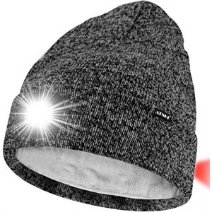 ATNKE Unisexe 8 LED Bonnet Lampe Frontale,USB Rechargeable Rouge Feu Arrière Clignotant Chapeau de Course Lumière Chaud Polaire Doublée Tricot Bonnet Cadeaux pour Hommes et Femmes/Black White (Memorye, neuf)