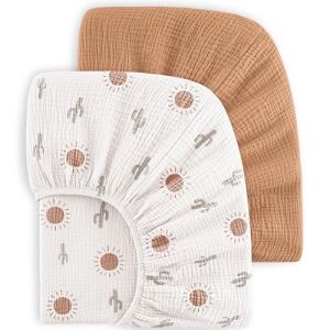Bearmoss Lot de 2 draps-housses pour enfant - En mousseline 100 % coton - 60 x 120 cm/140 x 70 cm - Pour lit de voyage, lit d'appoint, lit d'appoint - Marron soleil (fandoll, neuf)
