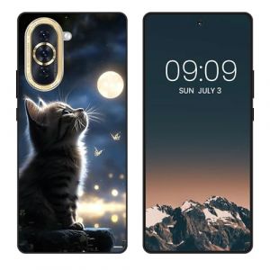 WUACYEAMING Noir Coque pour Huawei Nova 10, Haute Qualit&eacute; TPU Silicone Mince Souple Antichoc Bumper avec La Lune et Le Chat Motif Dessin Mat Case (WUACYEAMING, neuf)