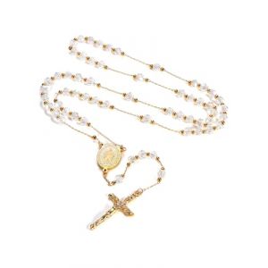 FaithHeart Collier Chapelet Catholique Plaqué Or pour Femme, Rosaire de 66cm en Cristal Blanc avec Médaille de Vierge Marie et Pendentif Crucifix, Décoration Communion Cadeau Baptême (FaithHeart Jewellery, neuf)
