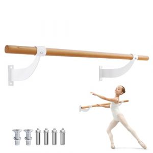 COSTWAY Barre de Danse Murale en Bois 120 cm Hauteur Fixe &Oslash; 38 mm, Barre de Ballet pour Yoga, Etirements, Exercice, Noir & Naturel (Blanc+Naturel) (FDS GmbH, neuf)