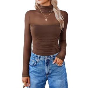 Avidlove Body sexy en dentelle, &eacute;l&eacute;gant, manches longues, col roul&eacute;, body une pi&egrave;ce, lingerie, chemisier femme &agrave; boutons, Brun, XL (Avidlove direct, neuf)