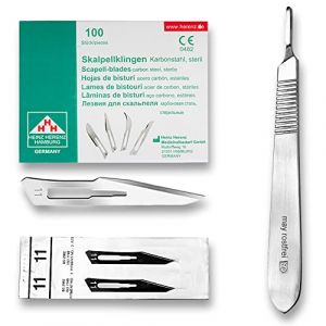 Set avec 100 x lames de scalpel N° 11 - Lame stérile en acier au carbone et 1 x manche de scalpel Figure N° 3 en acier inoxydable (Instruments en acier inoxydable de marque May, neuf)