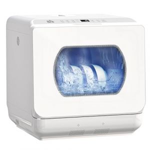 HOMCOM Mini lave-vaisselle 4 couverts, lave-vaisselle de table, 5 programmes, double alimentation en eau, lavage des fruits, réservoir d'eau 6L, commande tactile, affichage LED, départ différé, blanc (Aosom FR, neuf)
