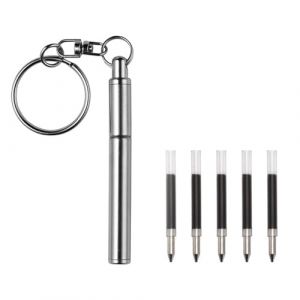 yotutun Porte-Clés Stylo con 6 Recharges, Mini Portable en Acier Inoxydable Stylo TéLescopique Stylo à Bille Petit Rétractable Outil Porte-Clés pour les Voyages en Plein Air (khfsusmxz, neuf)