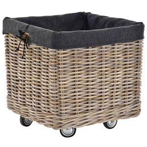 Grand Panier à Bois Avec Poignées et Roulettes en Rotin Naturel Gris - Rangement en Bois Avec Roues - Panier à Bûches de Cheminée Multi-Usages Avec Coutil (Carré Petit) (korb.outlet, neuf)
