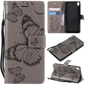LingDan &Eacute;tui pour Sony Xperia E5 F3311 (5,5 Pouces) PU Cuir Housse Flip Coque Gaufrage Papillon Motif avec Built Stand et Magn&eacute;tique Fermeture Carte Slot Portefeuille Shell de Protection, Gris (LingDan, neuf)