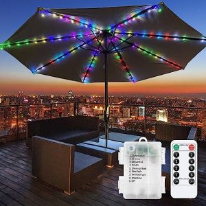 DINOWIN lumières pour parasol de jardin Batterie 104 LED Étanche Chaîne Lumineuse pour Parasol 8 Modes lumière parasol extérieur avec Télécommande pour jardin, camping (Multicolore) (DinowinDirect, neuf)