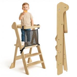 COSYLAND Tour d&rsquo;Observation Montessori Enfant Pliable &ndash; If Design Award, Tour d&rsquo;Apprentissage en Bois R&eacute;glable en Hauteur d&egrave;s 1 an avec Filet de S&eacute;curit&eacute;, Kitchen Helper B&eacute;b&eacute; &ndash; Classic Natural (WOW-WOW, neuf)