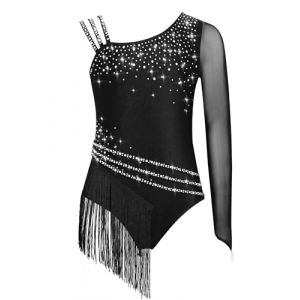 Yiesvsov Maillot De Gymnastique Pailleté Pour Filles Avec Franges Justaucorps À Une Épaule Manches Longues Tenue De Ballet Body Gym Justaucorps Compétition Noir 13-14 ans (Yiesvsov, neuf)