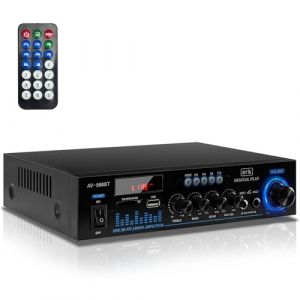1000W amplificateur hifi, 2 Canaux ampli Bluetooth 5.0 RMS 60 W X2 Stereo pour Les Enceintes Domestiques enceinte hifi avec Contrôle des Basses et des Aigus SD USB FM 12V / 220V avec Télécommande IR (YoYi Shop, neuf)