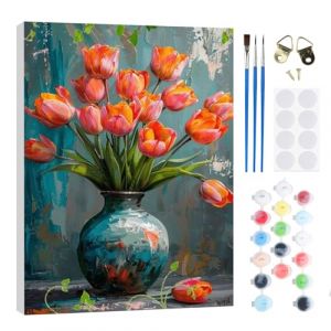 RICUVED Vase Fleur Peinture Numero Adulte,Fleur Kits de Peinture au Num&eacute;ro avec pinceaux Peinture de Dessin de Pigment Acrylique, Paint by Numbers avec Cadre pour D&eacute;coration 20x30cm (FANDIJIA, neuf)