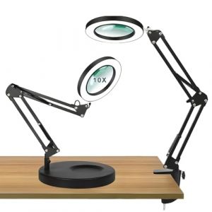 GOEDCH Loupe 10X avec lumière et support : lampe loupe LED 2 en 1 avec bras pivotant, lampe de bureau lumineuse LED avec 3 modes de couleur, 10 niveaux de luminosité, 10 lampes loupes avec pince pour (VENIZELOU-EC, neuf)
