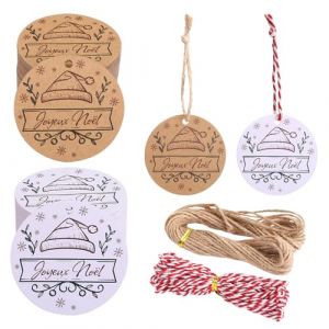 GWHOLE Etiquette Cadeau Noel Kraft 100 PCS Etiquette Joyeux Noel Rouge Blanc &Eacute;tiquette Ronde avec Ficelle 20M pour Accessoire Emballage Cadeau de No&euml;l (FDSJGDIFOIH, neuf)