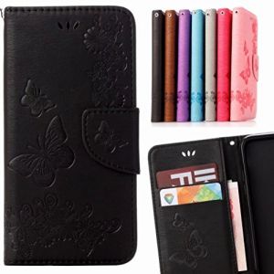 LEMORRY pour Wiko Harry Etui Cuir Portefeuille Pochette Mince Bumper Protecteur Magn&eacute;tique Fermeture Standing Fente Carte Silicone TPU Housse Cover Coque pour Wiko Harry, Chanceux Papillon (Noir) (Lemorry, neuf)