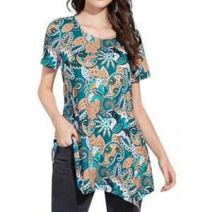 Enmain Tunique Femme Manches Courtes Tuniques Longue Grande Taille Chic et Élégant Chemisier T-Shirt Ample Paisley Haut Blouses Été Vert & Orange 2XL (ELOOKEUR, neuf)