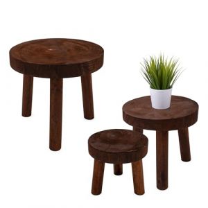 Lot de 3 tabourets de fleurs en bois avec 3 pieds marron - 30/26/22 cm - Support rond décoratif en bois massif - Support pour plantes en pot - Pour jardin, balcon, décoration d'intérieur (Special-trends, neuf)