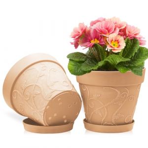 ZMTECH 25 cm Pots avec Soucoupes et Trous de Drainage, Pot de Plante Plastique Aspect Terre Cuite, Pot de Fleur Grand avec Plateau pour Plantes d'Int&eacute;rieur Ext&eacute;rieur (Terre Cuite, Lot de 2) (ZMTING, neuf)